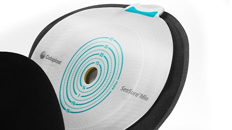Image shows a zoomed in image of SenSura Mio black ostomy bag
